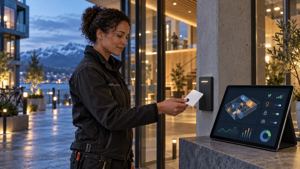 Facilities engineer presents a generic fingerprint smart card at a locally managed Nordic building entrance.
