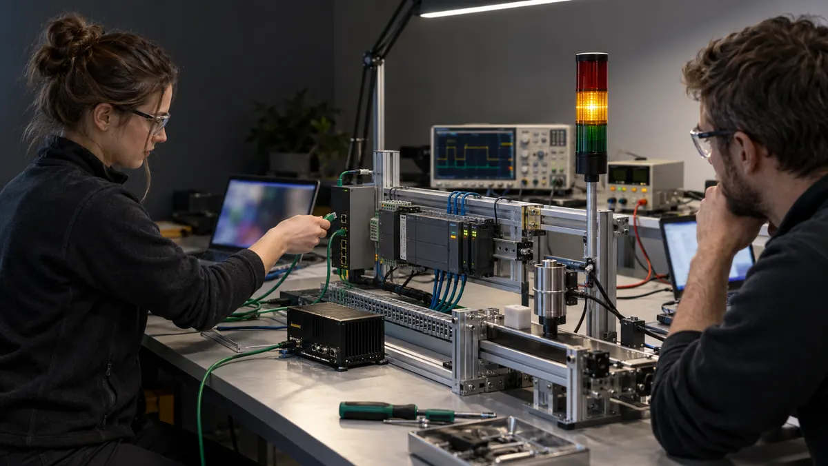 Engineers inject a controlled network fault into an isolated automation test rig.