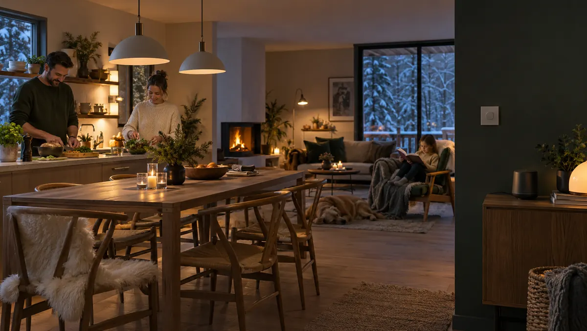 A Nordic family home remains comfortable through local lighting and heating control.