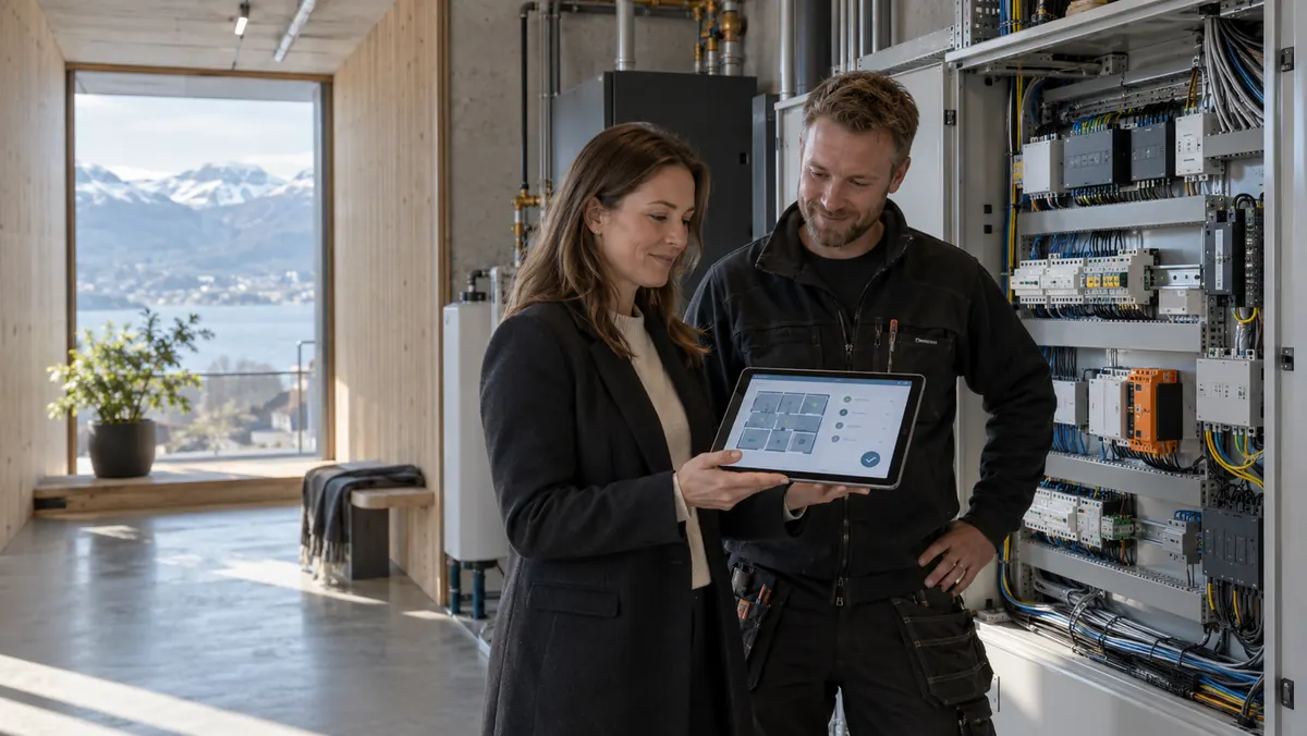 Building owner and electrician review a local building system during handover.