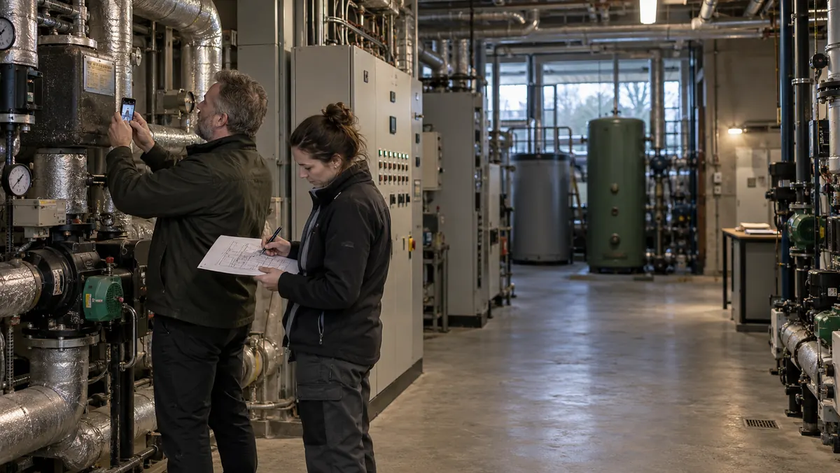 Owner and engineer survey retained equipment in an existing Nordic plant room.