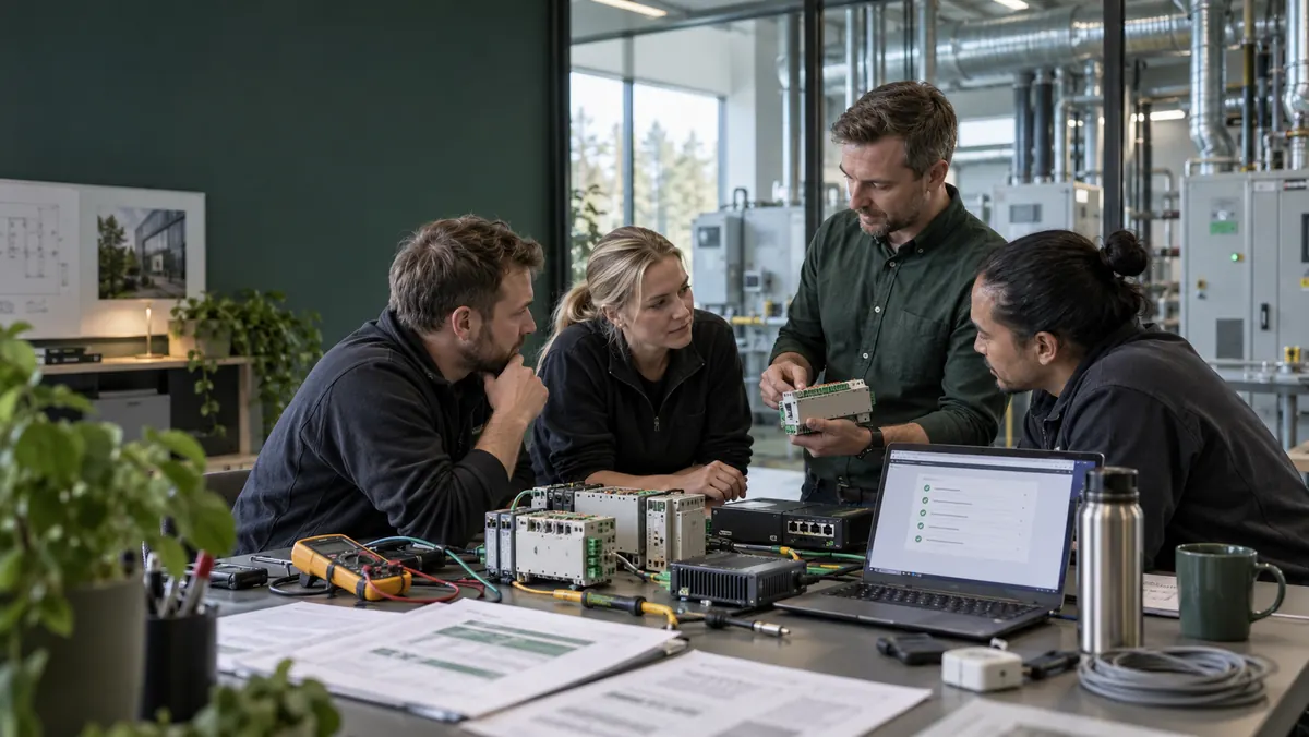 Internal technicians learn an open building integration at a practical workbench.