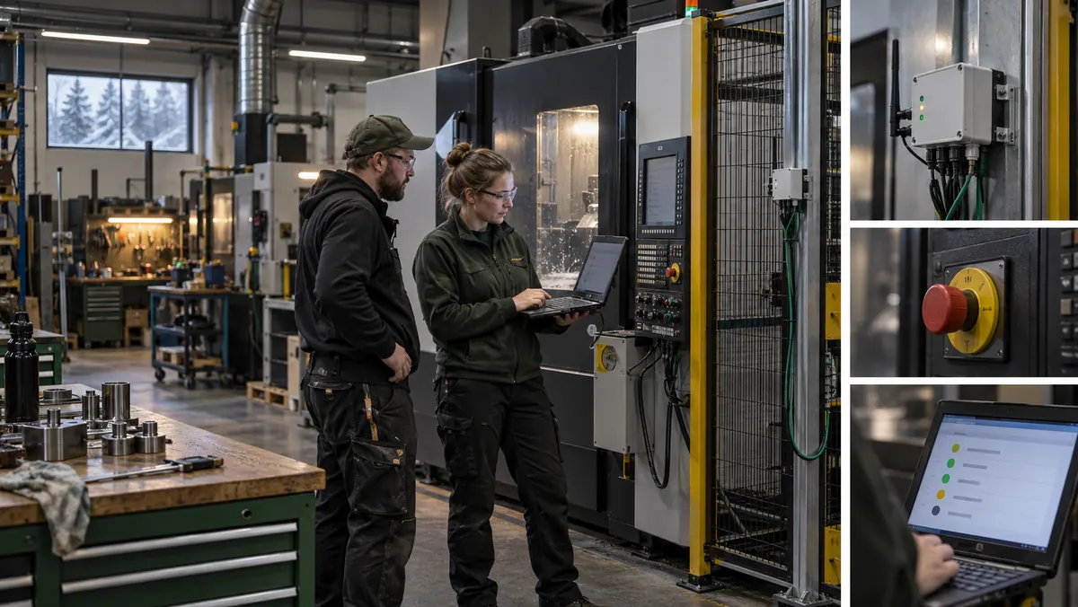 Operator and automation engineer inspect a bounded workshop sensor integration.