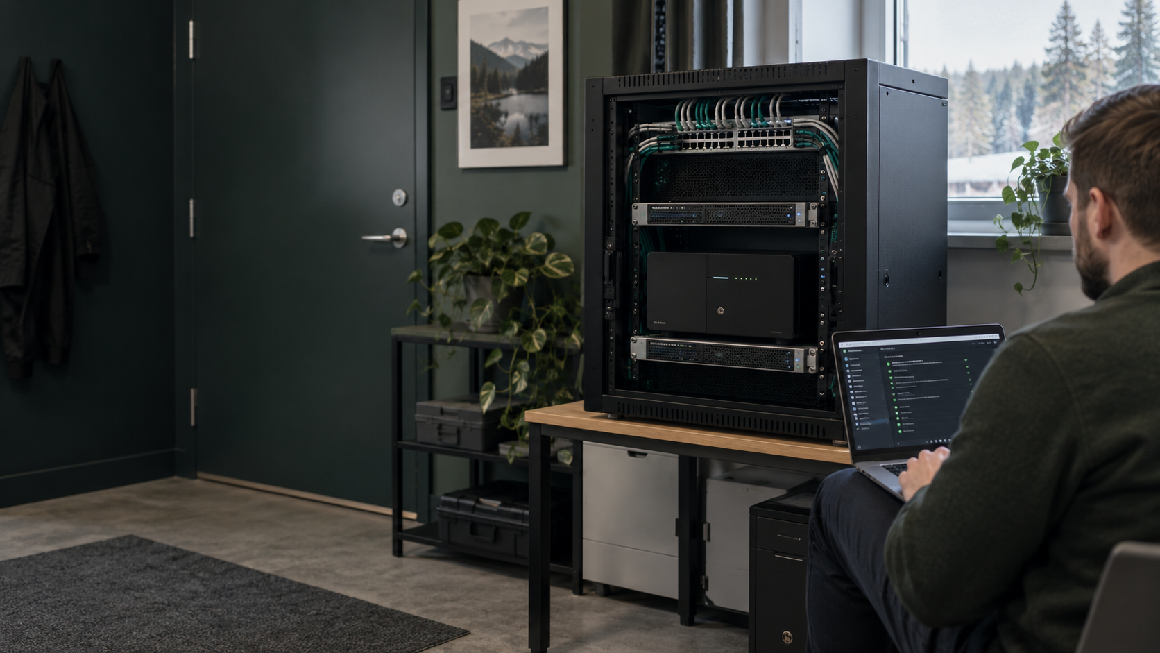 Kompakt bedriftskontrollert serverrack og operatør som kontrollerer et lokalt system.