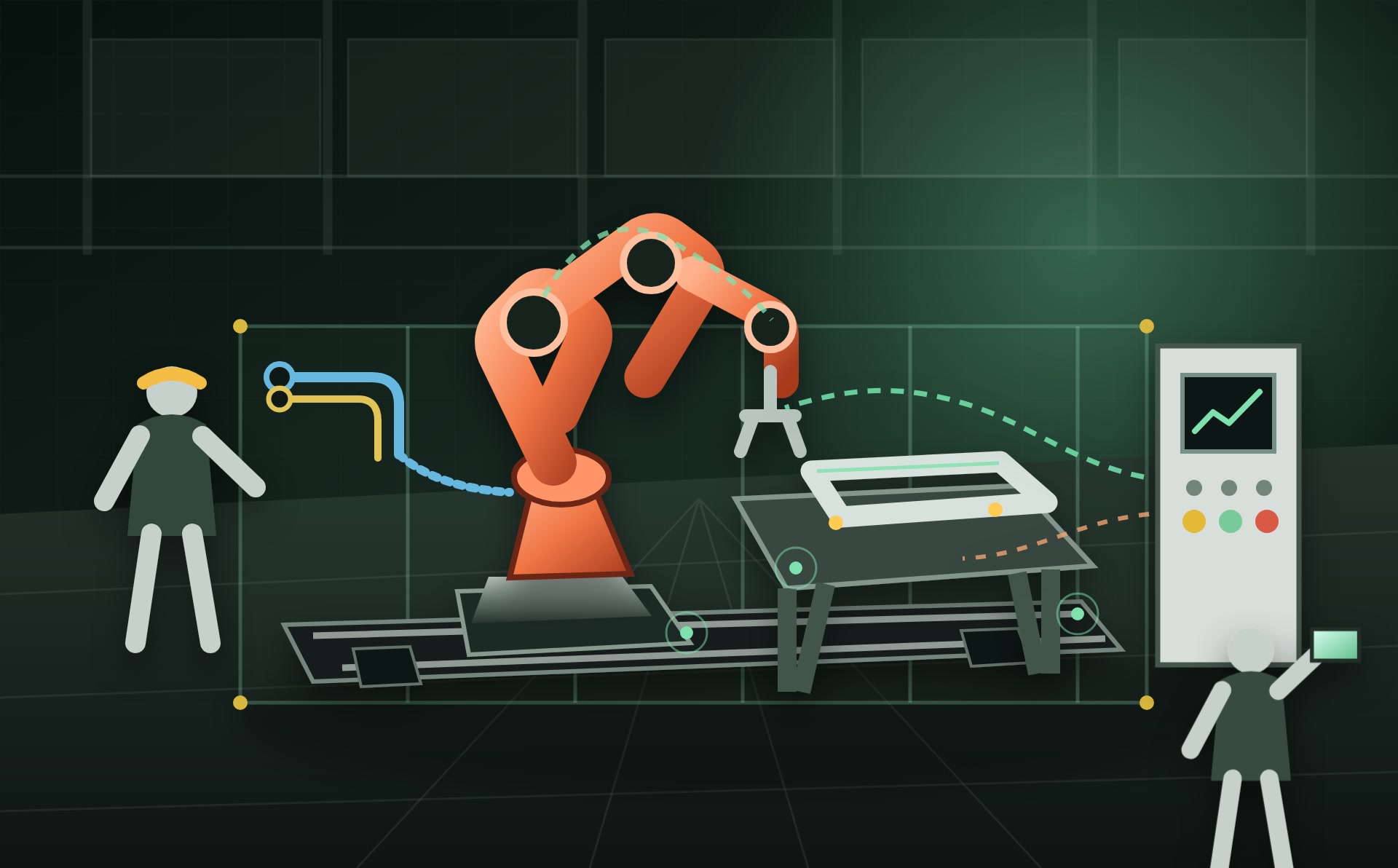 Merkenøytral konseptvisualisering av robot på skinnegang, prosessbord og digitalt grensesnitt